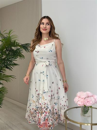 Şifon Degaje Yaka Ayarlanabilir Askılı Elbise Beyaz