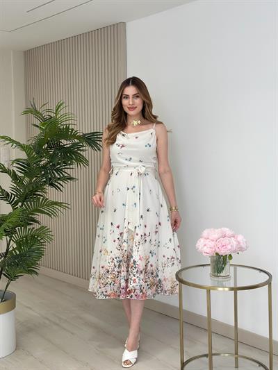 Şifon Degaje Yaka Ayarlanabilir Askılı Elbise Beyaz