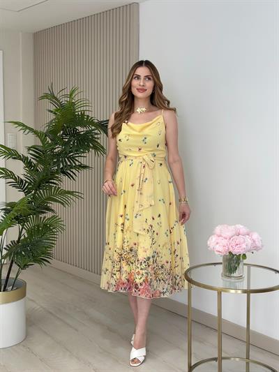 Şifon Degaje Yaka Ayarlanabilir Askılı Elbise Sarı