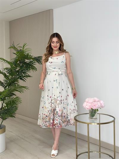 Şifon Degaje Yaka Ayarlanabilir Askılı Elbise Beyaz