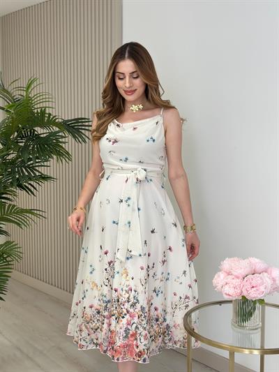 Şifon Degaje Yaka Ayarlanabilir Askılı Elbise Beyaz