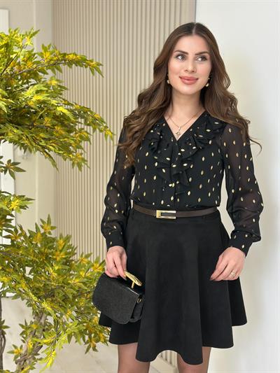 Şifon Gold Varak Puantiyeli Yakası Fırfırlı Gömlek Siyah