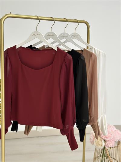 Şifon Kol Kalp Yaka Bluz Camel