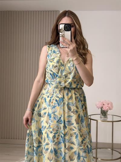 Şifon Kumaş Yakası Fırfırlı Beli Lastikli Elbise Sarı