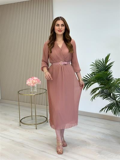 Şifon Piliseli Kemerli Elbise Pudra