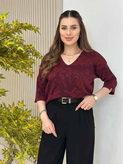 Simli Çiçek Desenli Triko Bordo