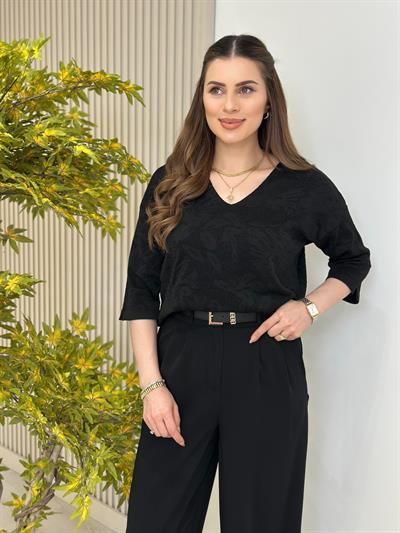Simli Çiçek Desenli Triko Siyah