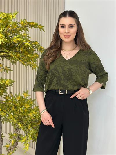 Simli Çiçek Desenli Triko Yeşil