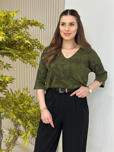 Simli Çiçek Desenli Triko Yeşil
