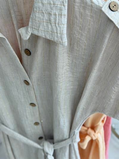 Simli Çizgili İçi Jüponlu Elbise Bej