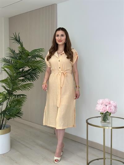 Simli Çizgili İçi Jüponlu Elbise Sarı