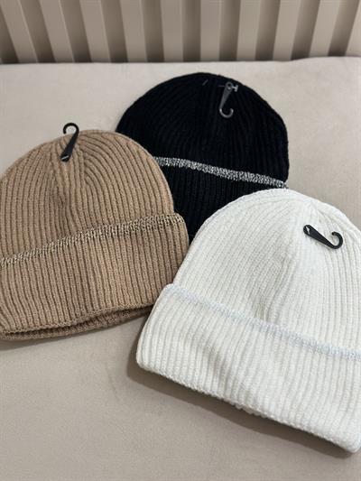 Simli Çizgili Örgü Bere Camel