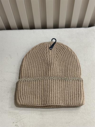 Simli Çizgili Örgü Bere Camel