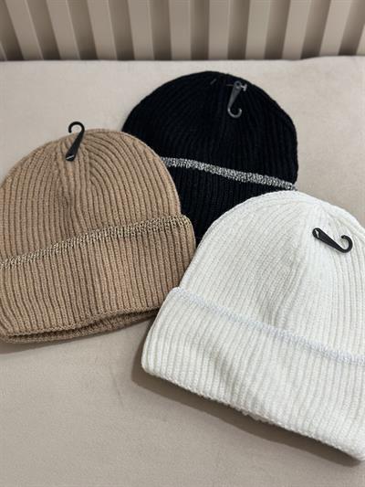 Simli Çizgili Örgü Bere Krem