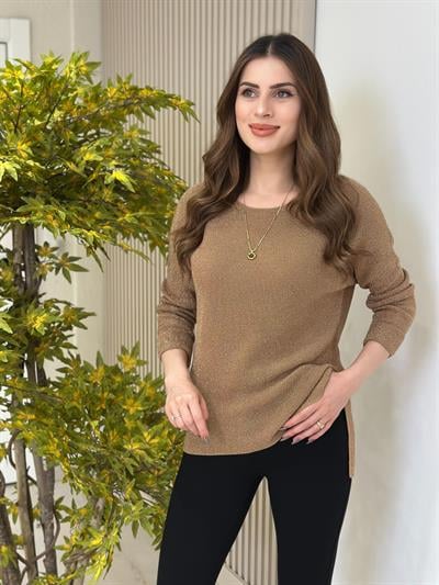 Simli Yanları Yırtmaçlı Triko Camel