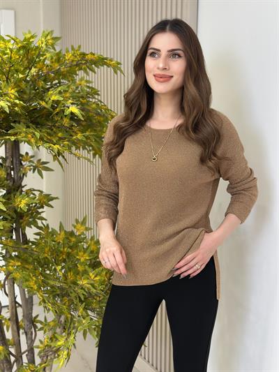 Simli Yanları Yırtmaçlı Triko Camel
