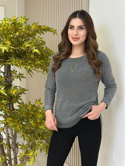 Simli Yanları Yırtmaçlı Triko Gri