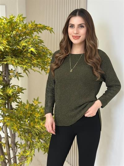 Simli Yanları Yırtmaçlı Triko Haki