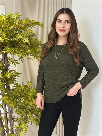 Simli Yanları Yırtmaçlı Triko Haki
