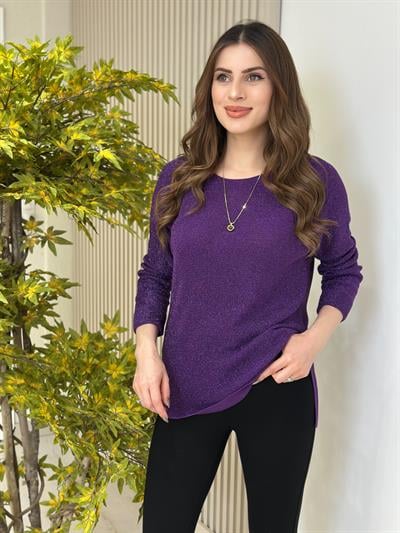 Simli Yanları Yırtmaçlı Triko Mor