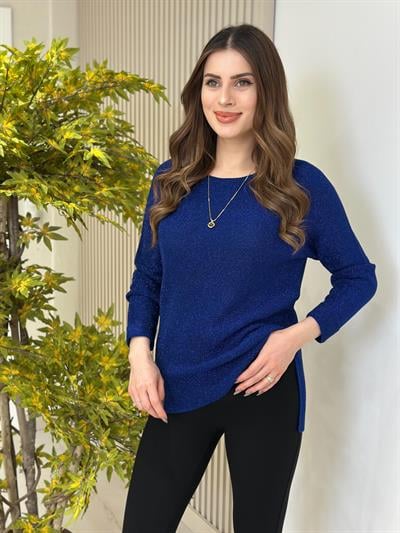 Simli Yanları Yırtmaçlı Triko Saks Mavi