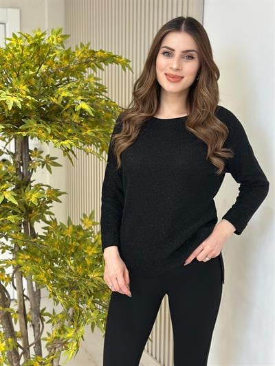 Simli Yanları Yırtmaçlı Triko Siyah
