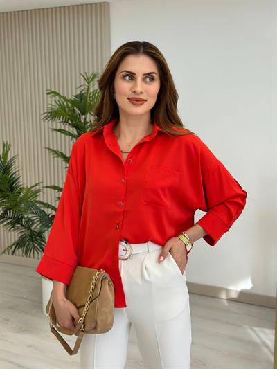 Sırtı Güpürlü Krep Kumaş Premium Gömlek Kırmızı