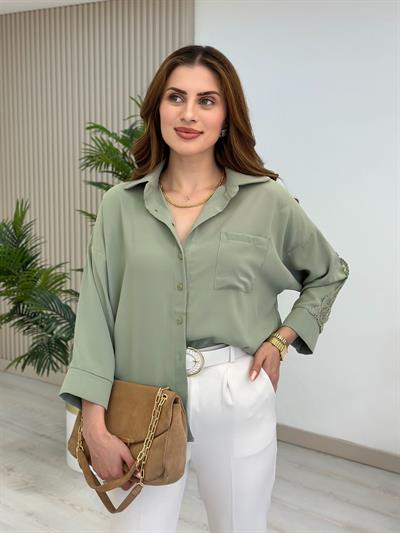 Sırtı Güpürlü Krep Kumaş Premium Gömlek Mint Yeşil