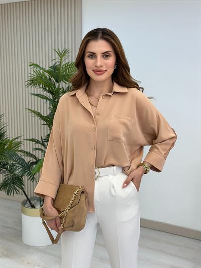 Sırtı Güpürlü Krep Kumaş Premium Gömlek Bej