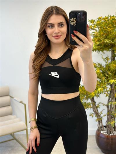 Sırtı Ve Göğsü Transparan Detaylı Sporcu Büstiyer Siyah