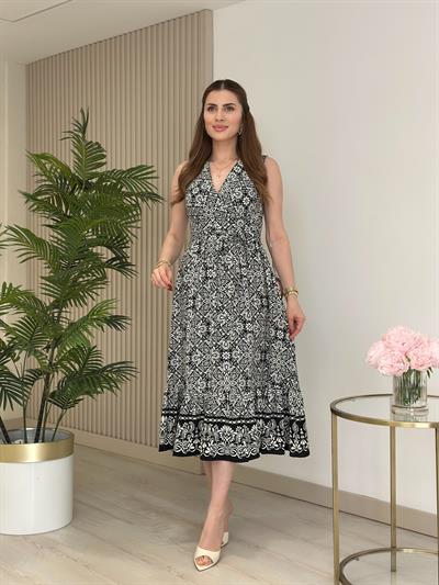 Siyah Beyaz Desenli Kruvaze Yaka Elbise 