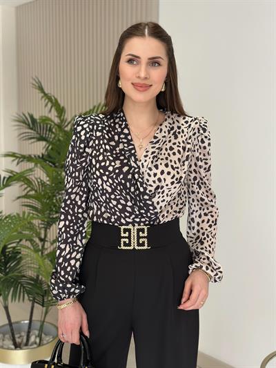 Siyah Beyaz Leopar Desenli İpek Krep Bodysuit