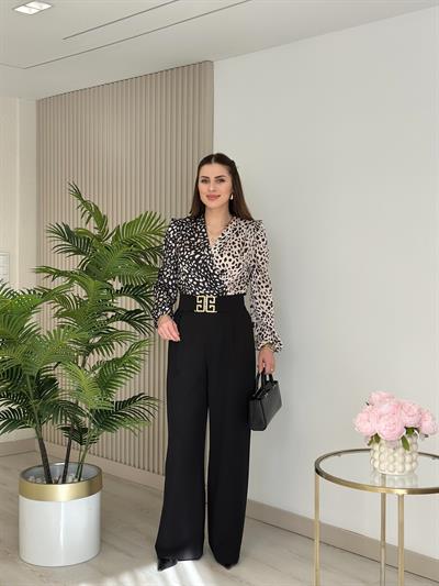 Siyah Beyaz Leopar Desenli İpek Krep Bodysuit
