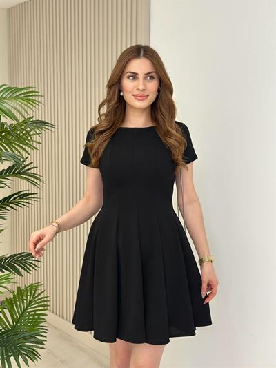 Siyah Kısa Kol Mini Kloş Elbise 