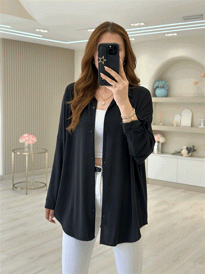 Siyah Likralı Tül Gömlek