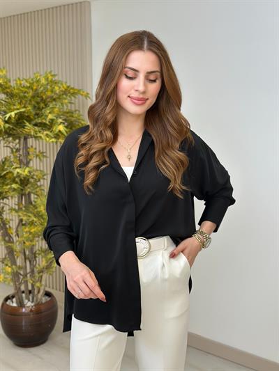 Oversıze İpek Krep Gömlek Siyah