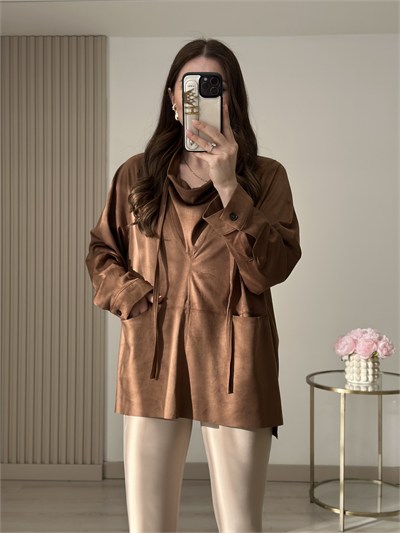 Süet Degaje Yaka Marka Muadili Sweatshirt Taba