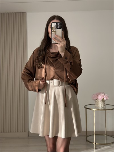 Süet Degaje Yaka Marka Muadili Sweatshirt Taba