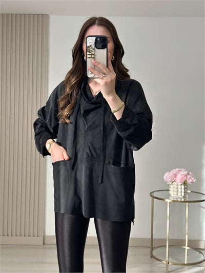 Süet Degaje Yaka Marka Muadili Sweatshirt Siyah
