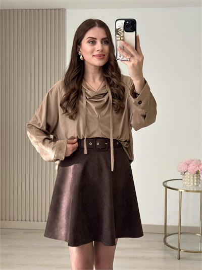 Süet Degaje Yaka Marka Muadili Sweatshirt Vizon