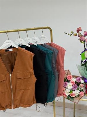 Süet Fermuarlı Altı Büzgülü Yelek Gri