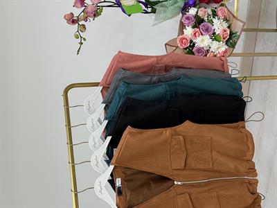 Süet Fermuarlı Altı Büzgülü Yelek Taba