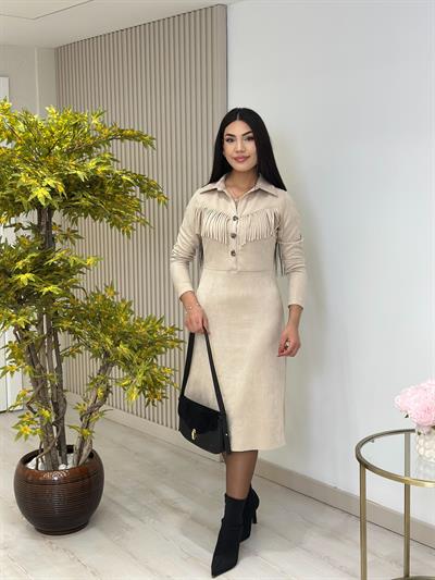 Süet Göğsü Püskül Detaylı Elbise Bej
