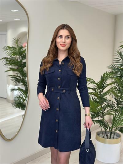 Süet Kemerli Gömlek Elbise Lacivert
