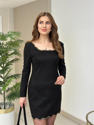 Süet Kumaş Renkli Taş Detaylı Elbise Siyah