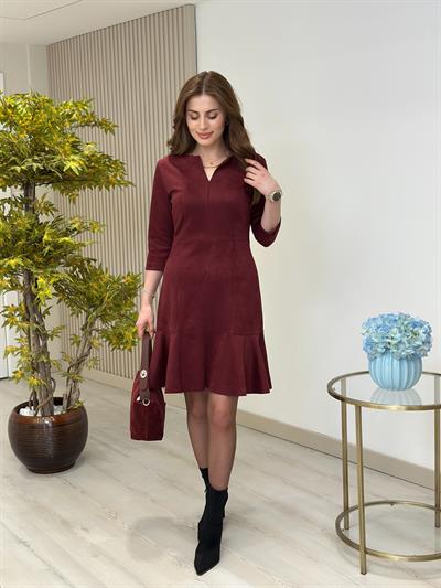 Süet Kumaş Yakası V Detaylı Elbise Bordo