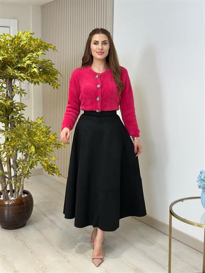 Süet Midi Boy Etek Siyah