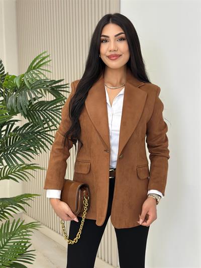 Süet Oversıze Astarlı Tek Düğme Ceket Taba