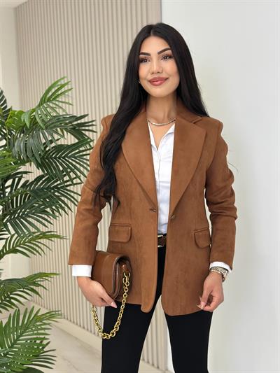 Süet Oversıze Astarlı Tek Düğme Ceket Taba