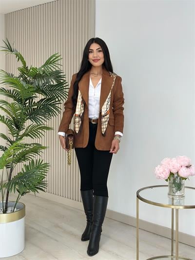 Süet Oversıze Astarlı Tek Düğme Ceket Taba